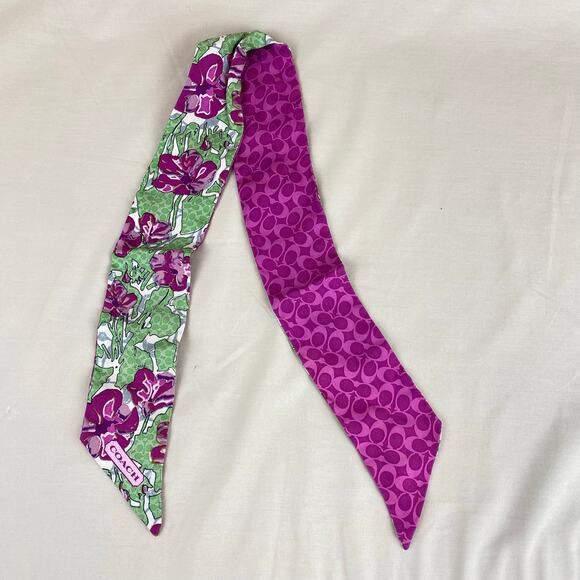 Coach Signature Skinny Scarf Purse Piny Tail Tie Purple Pink Green Floral - Picture 1 of 8